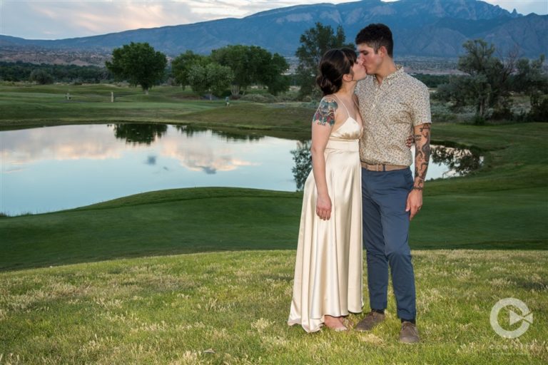 Bernalillo wedding Prairie Star kiss by the pond