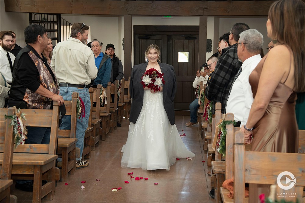 Old Town Albuquerque Wedding Chapel Bride walking down aisle