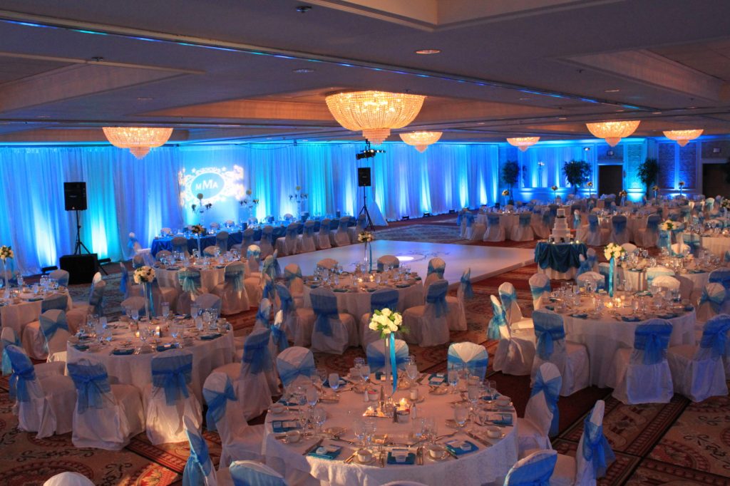 Light blue wedding tall centerpieces monogram