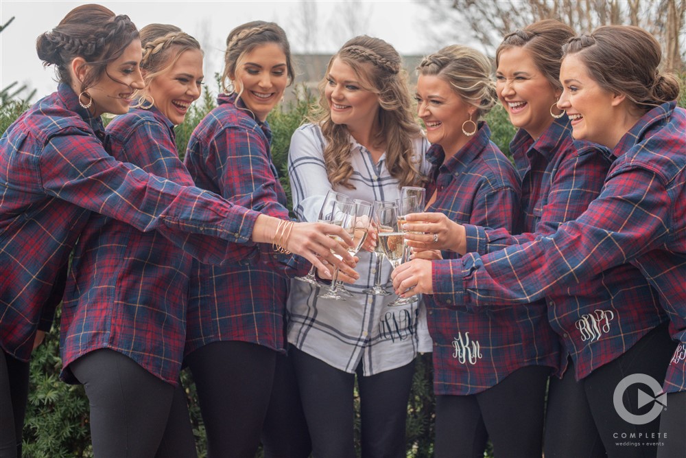 Bridesmaids in Plaid getting ready