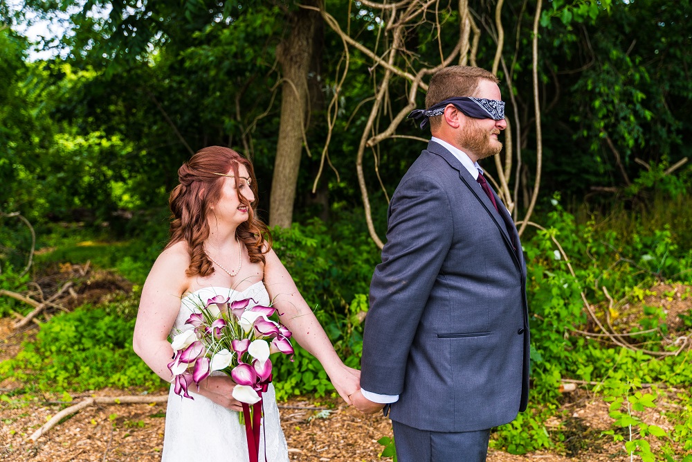 bride and groom, first look, blindfold