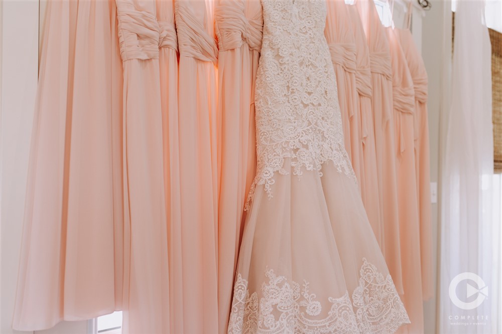 photo of wedding and bridesmaid dresses in pale pink