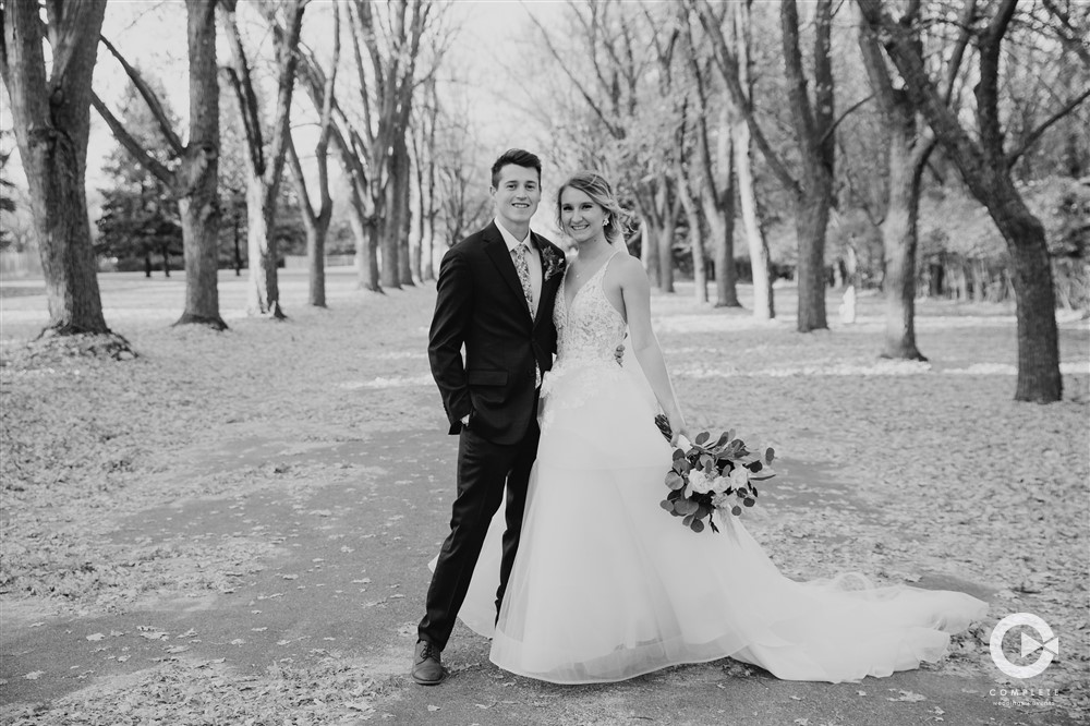 Fall wedding photo in black and white of couple in Brainerd Minnesota