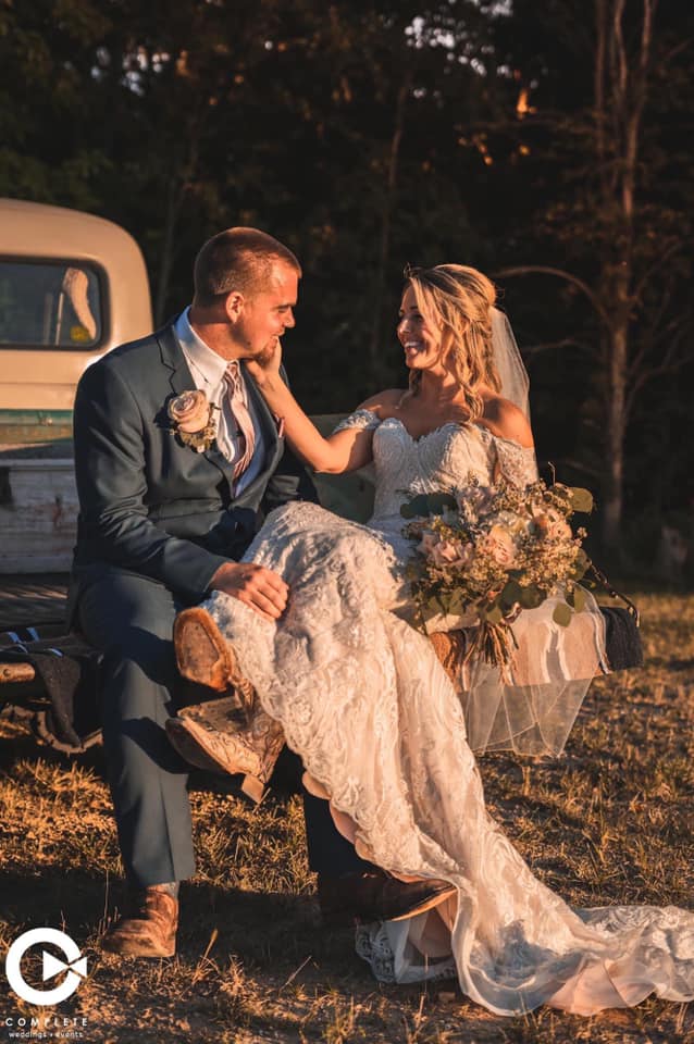 bride, groom, Marlene's barn, vintage truck, central Illinois wedding photography, complete weddings + events