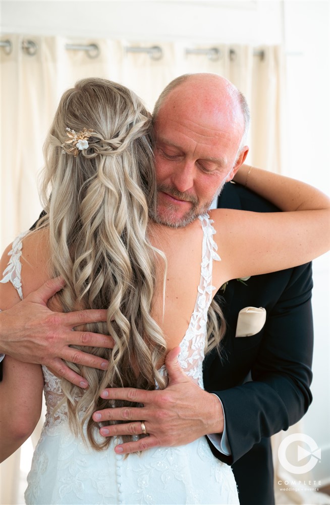 Complete Weddings + Events Photography, bride and her dad hugging, first look photos