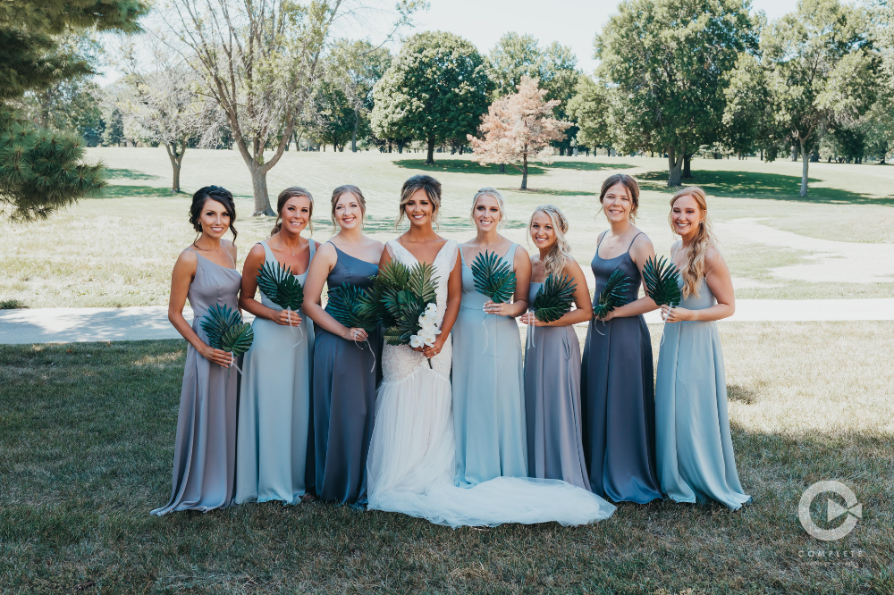 bridesmaids in different shades of blue