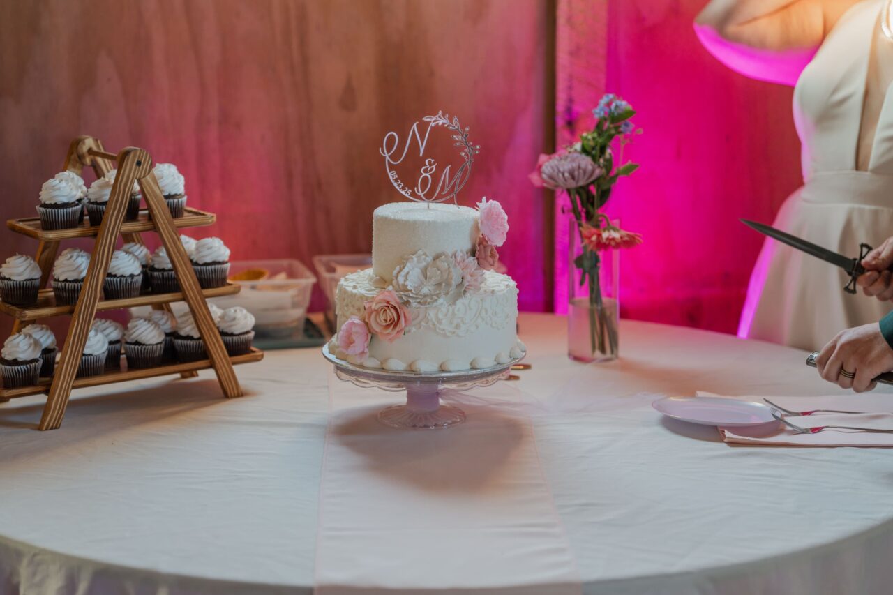 Wedding Cake sitting on the table just before cake cutting.