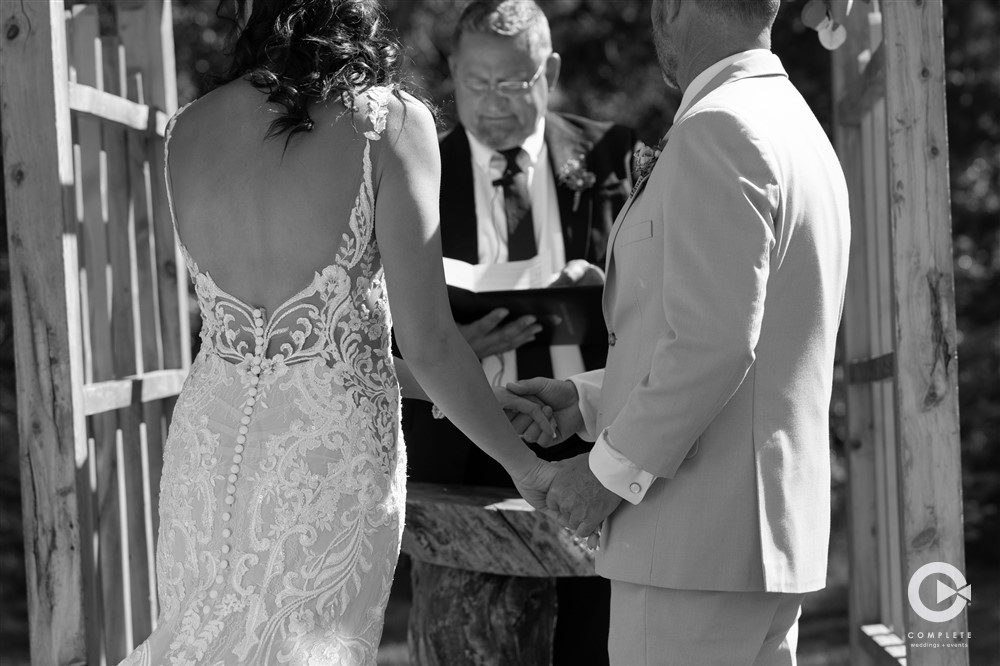 Bride and groom holding hands during the ceremony at a Mount Princeton wedding
