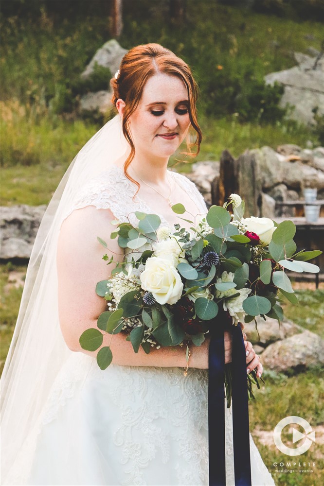 bride's dress and bouquet
