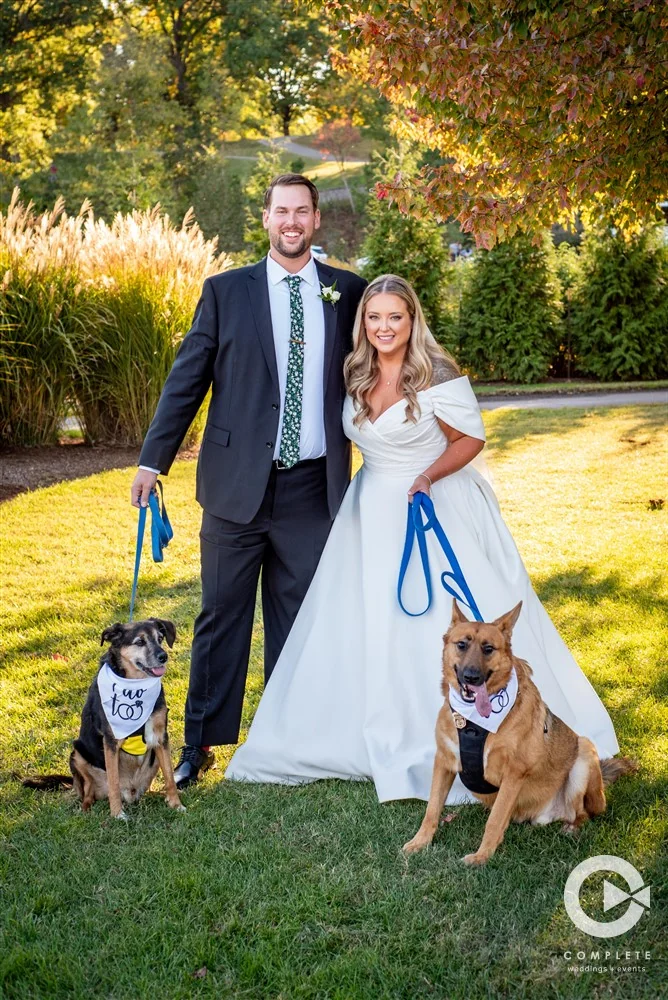 bride and groom with their dogs