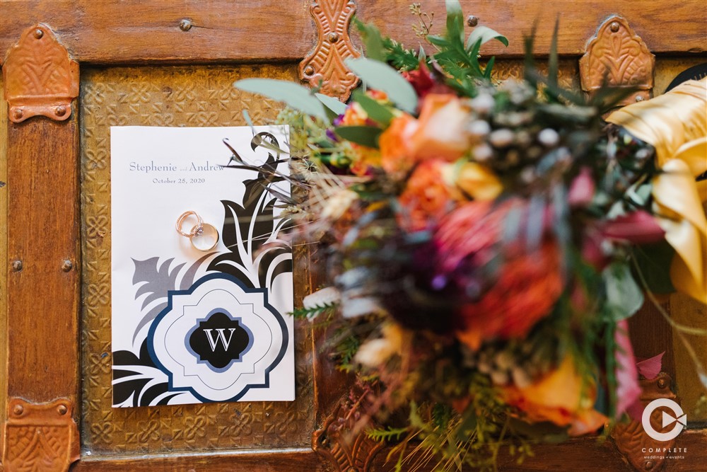 Wedding Bouquet and Rings Detail Shot