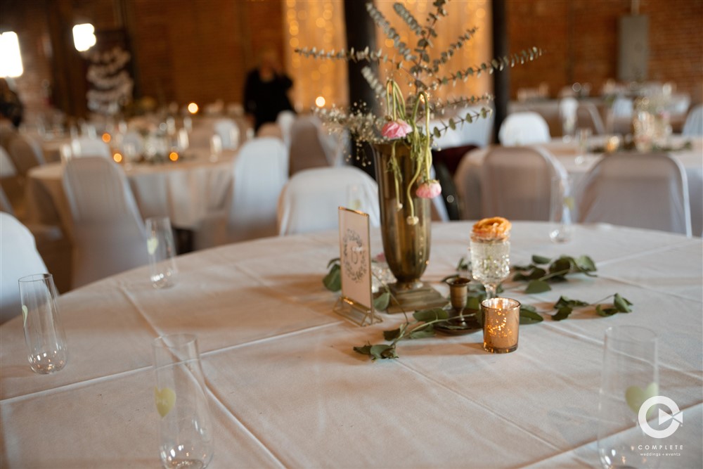 Table setting, wedding, table number, candles, greenery