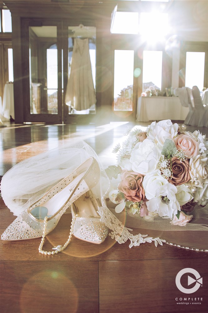 wedding gown, accessories, flowers, heels