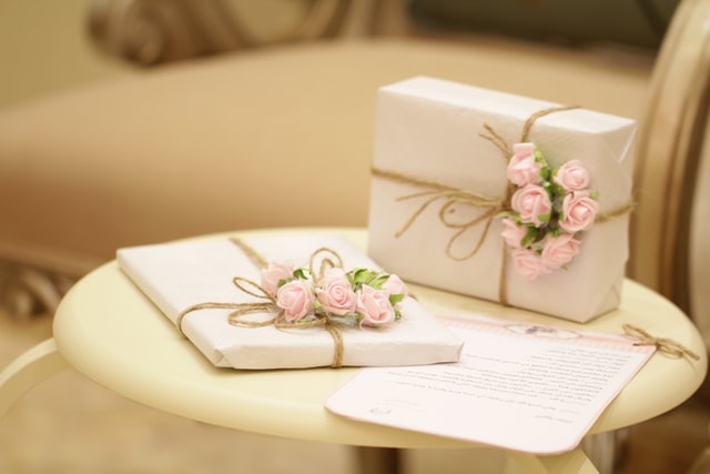 Personalized wedding gifts on a table