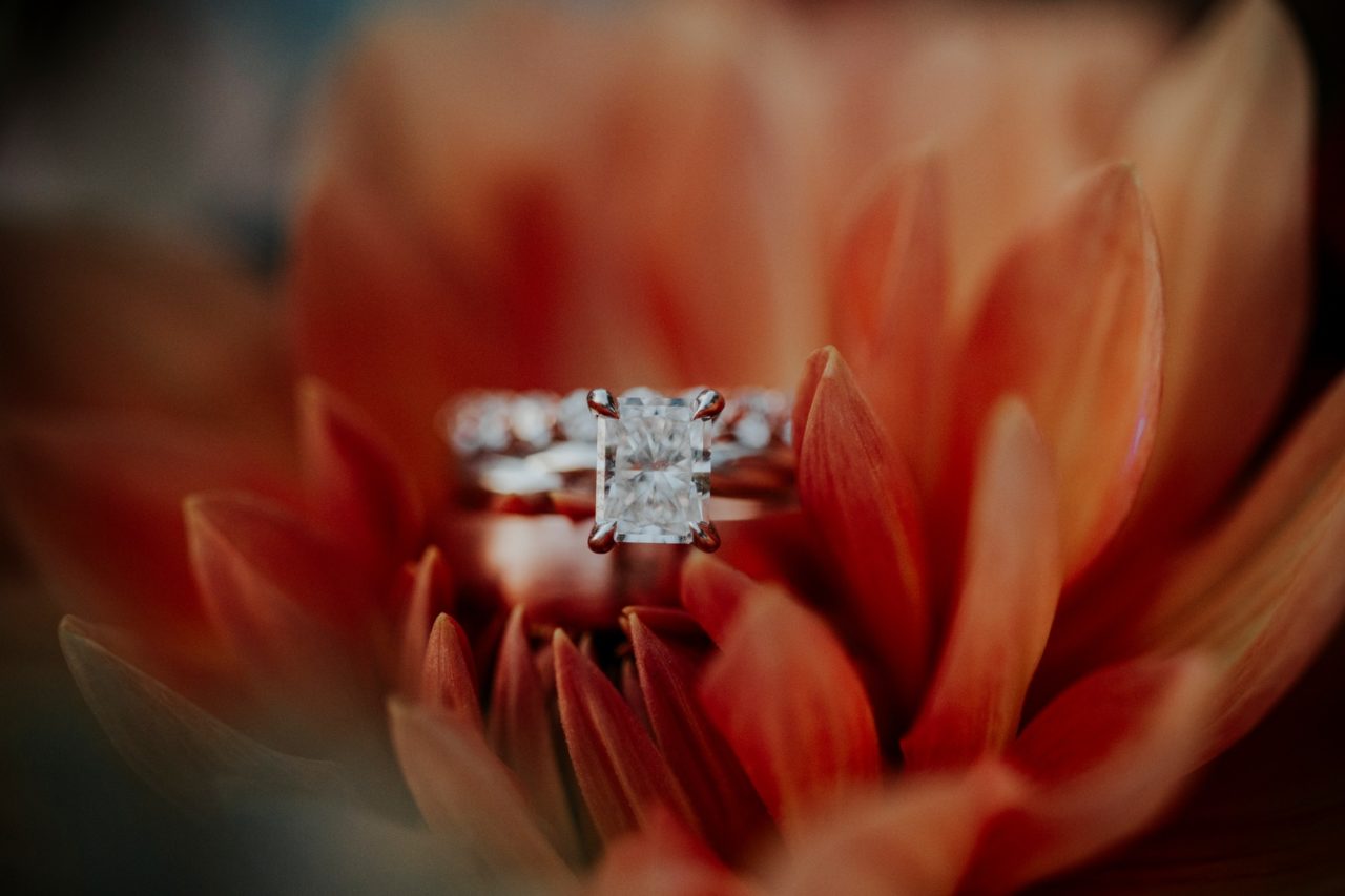 A single diamond wedding ring sitting on top of a males wedding ring, placed in the middle of a flower