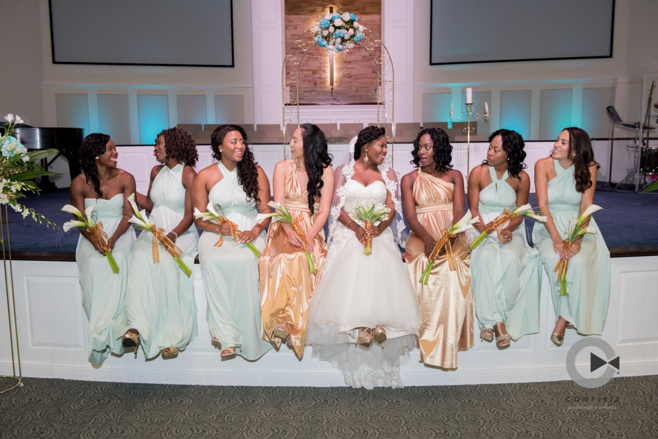 bridesmaids and bride at the church