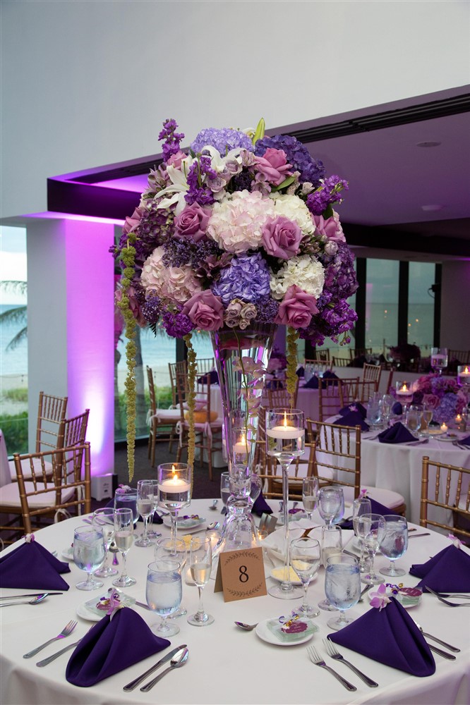 Massive floral purple centerpiece at Tideline Ocean Resort