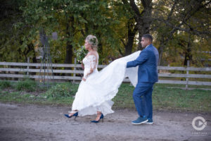 Wedding gown with blue shoes