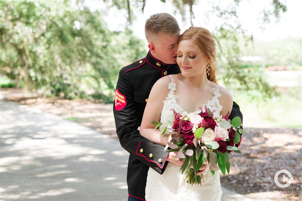 Newlywed Bride and Groom embrace at Verandah Wedding Venue in Fort Myers