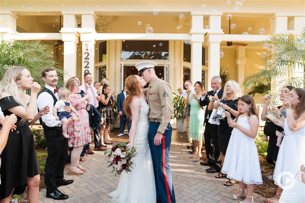 Newlywed Bride and Groom share romantic kiss at the Verandah Wedding Venue in Fort Myers