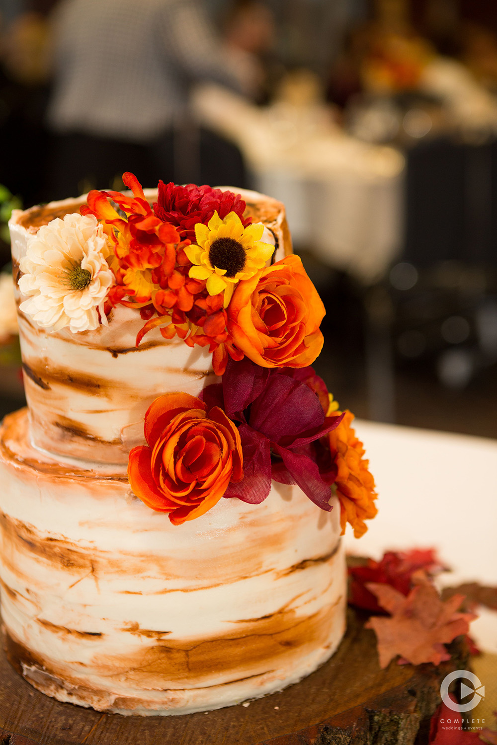 fall wedding cake with sunflower