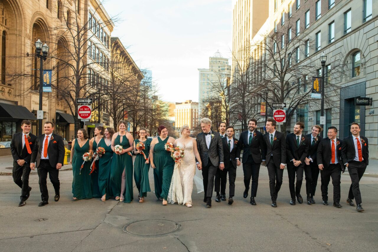 Wedding Party walking in the streets of Grand Rapids