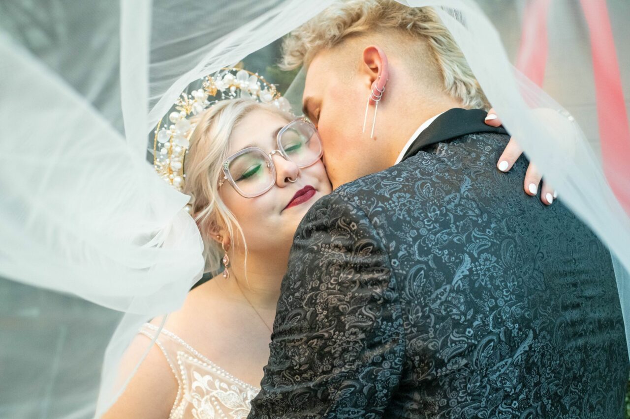 Bride and Groom Kissing under the veil