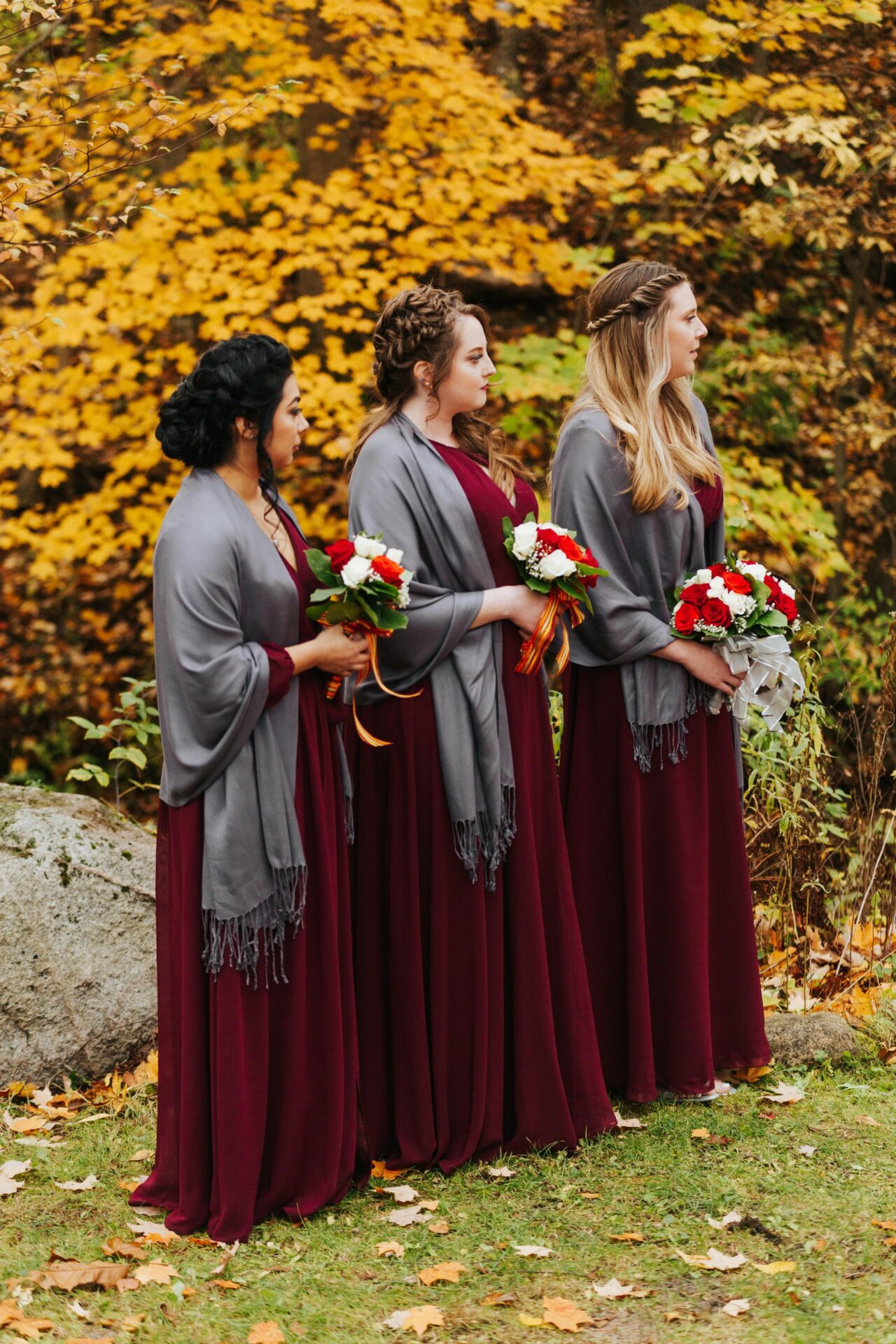 Tree Autumn bridesmaids in red