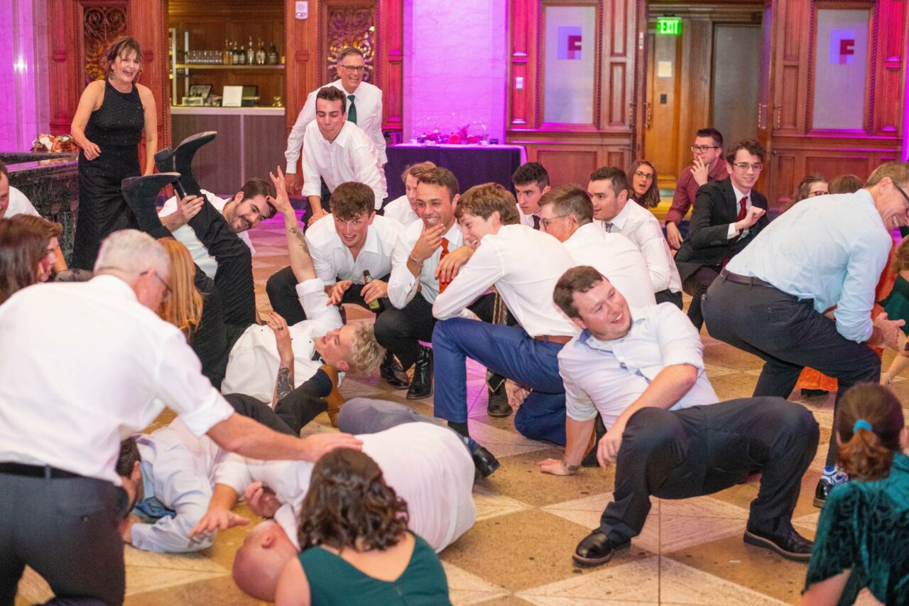 Wedding party getting crazy on the dancefloor