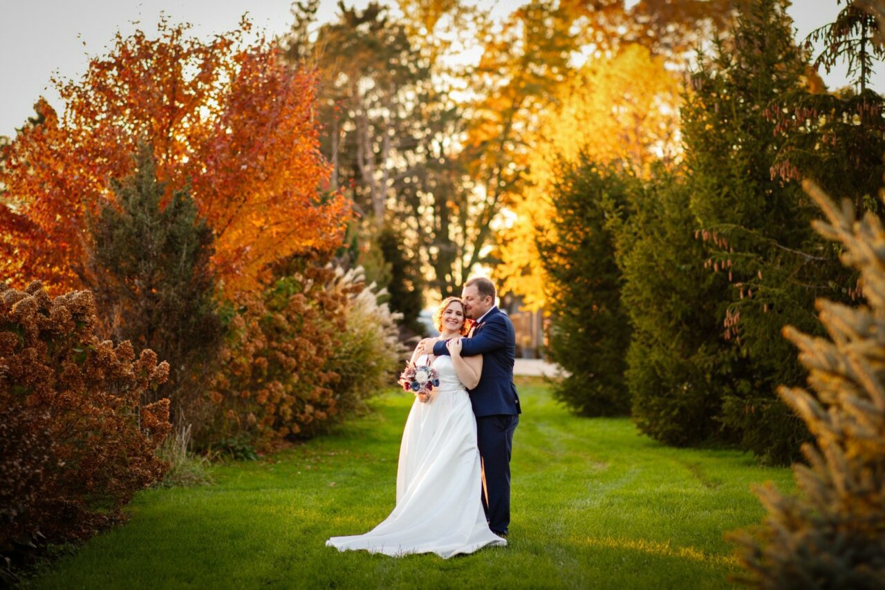 Bride and Groom in Fall