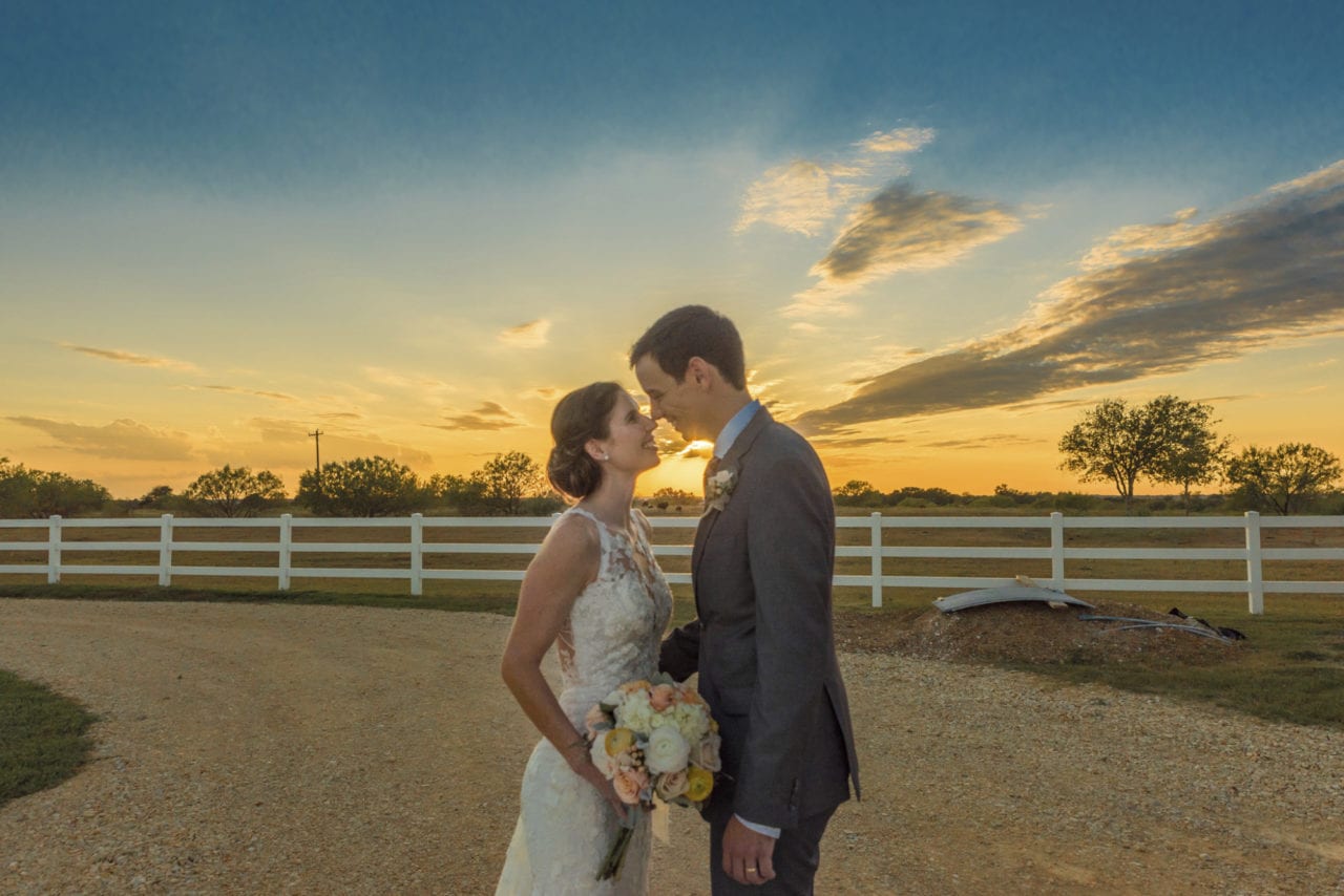 bride and groom sunset