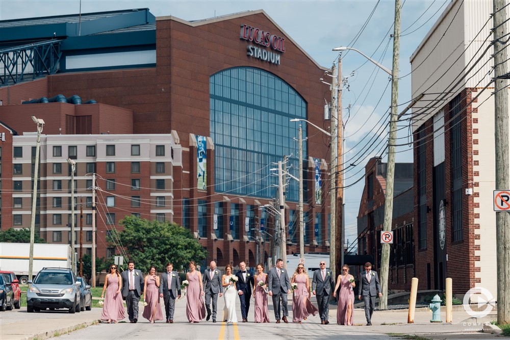 wedding party in front of Lucas Oil Stadium | Indianapolis wedding photo