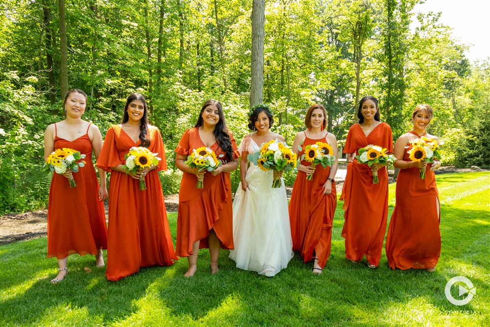 Bridesmaids in front of trees | Indianapolis wedding photo
