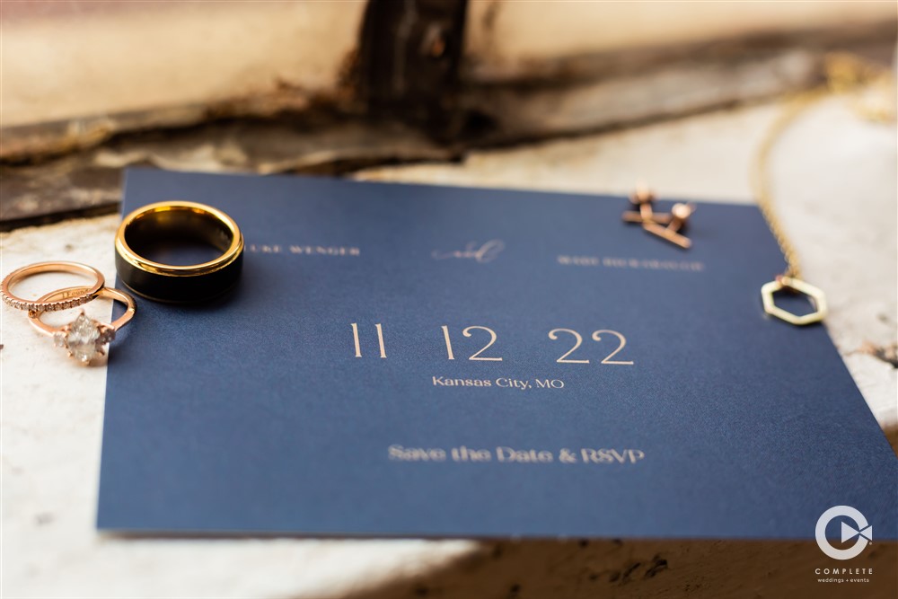 November wedding invite in navy and gold
