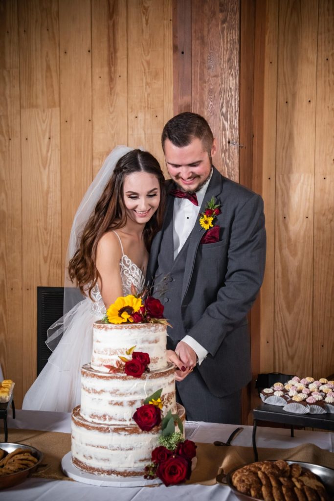 Photo of bride and groom cutting their cake