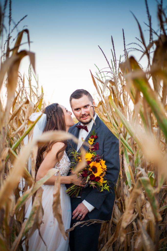 Corn field bride and groom