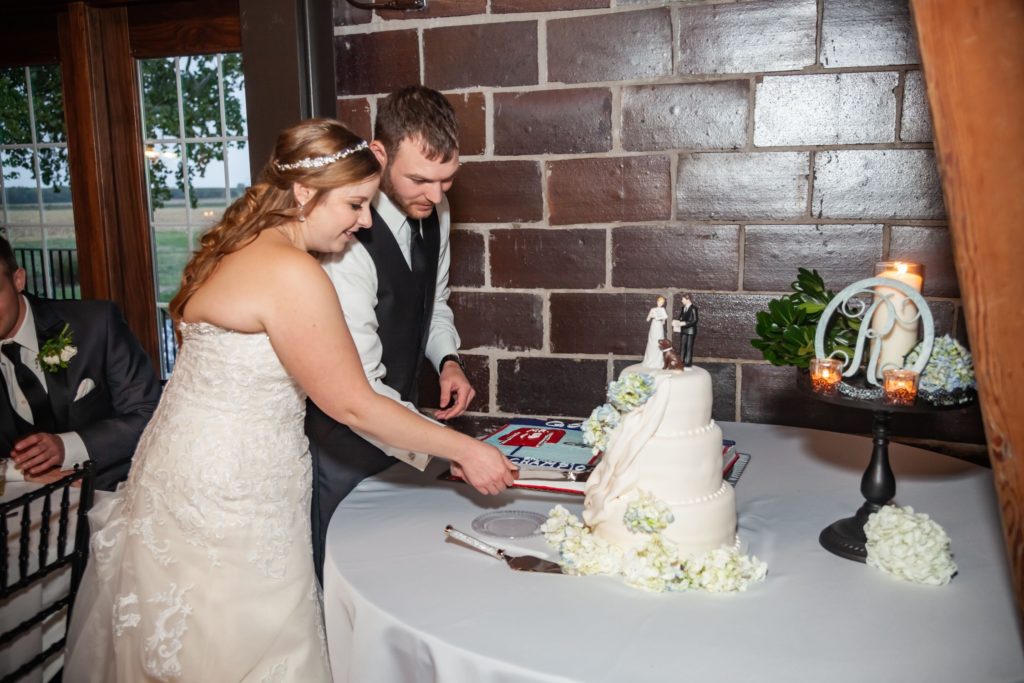 Bride and groom cutting their cake.