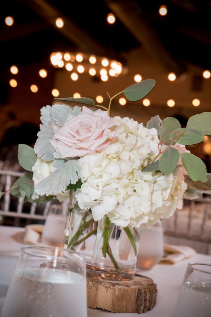 Close up of flower centerpieces at a spring wedding at The Martin Event Space