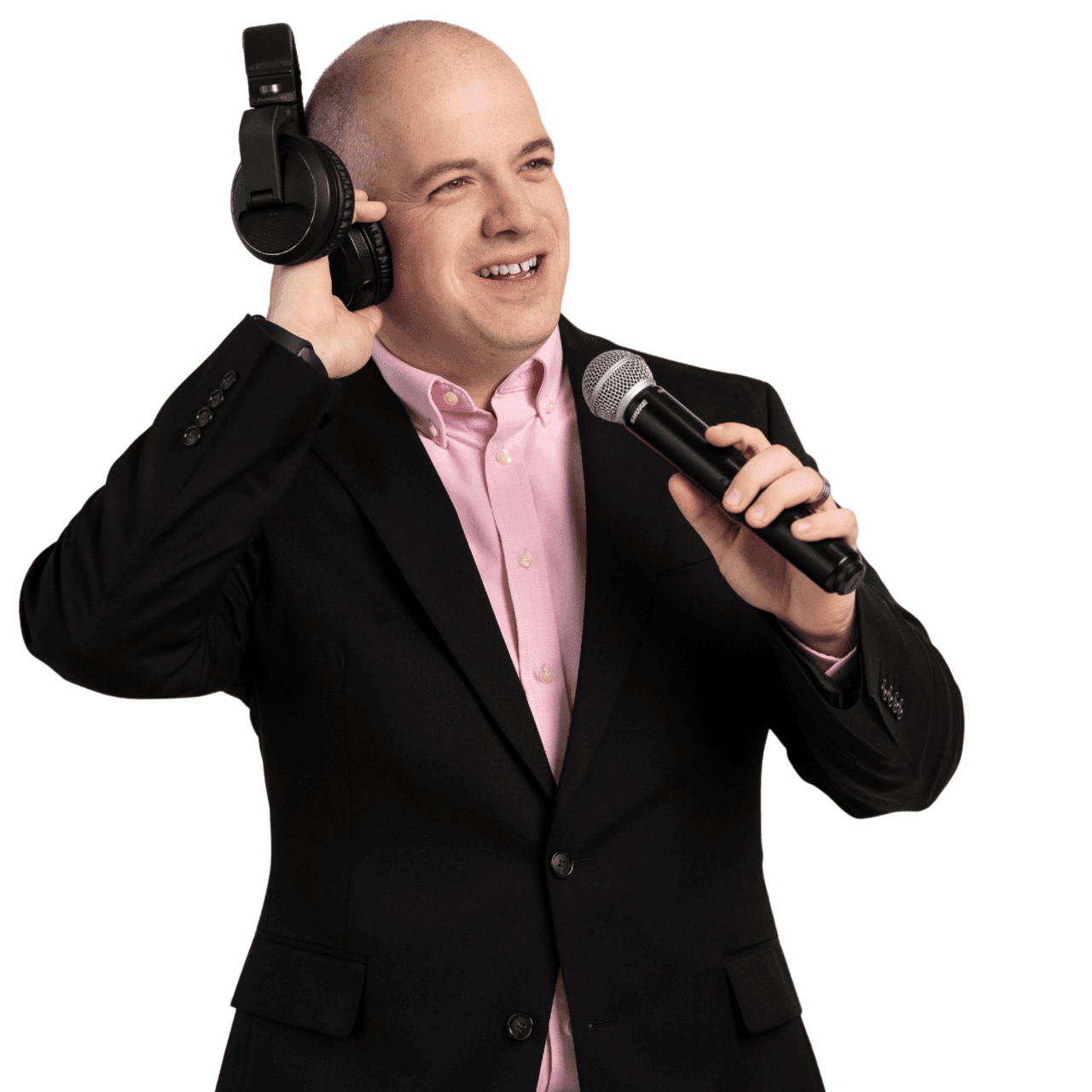 award winning wedding DJ Jacob Honeycutt holding headphones and a microphone