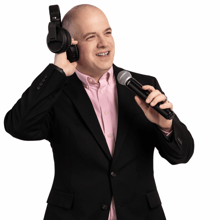 award winning wedding DJ Jacob Honeycutt holding headphones and a microphone
