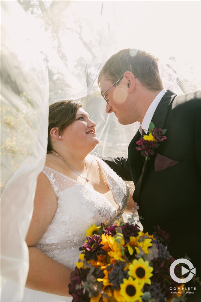 Bride and groom sunset shot with veil in Nebraska High Plains