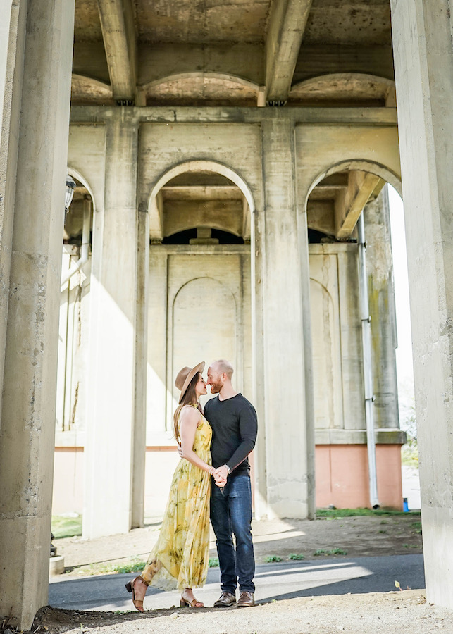 Engagement photo under Columbia Bridge