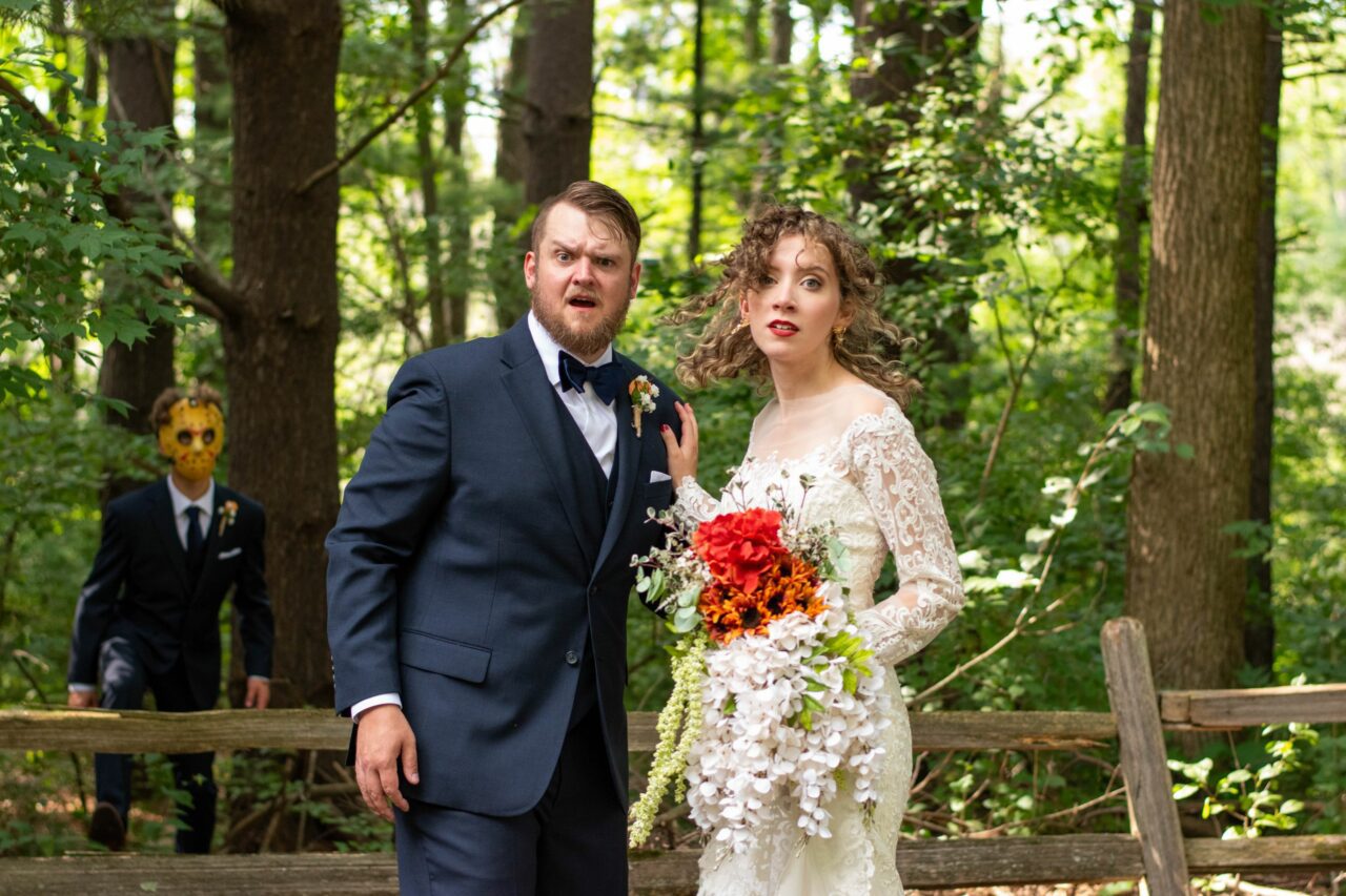 Bride And groom re-enacting a scary movie