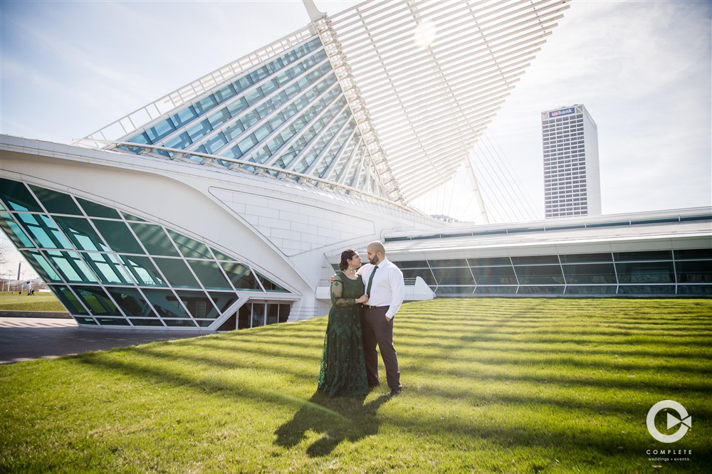 Couple looking at each other in Milwaukee outdoor engagement shoot