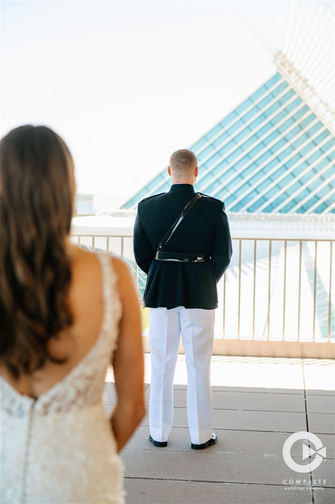 bride and groom first look