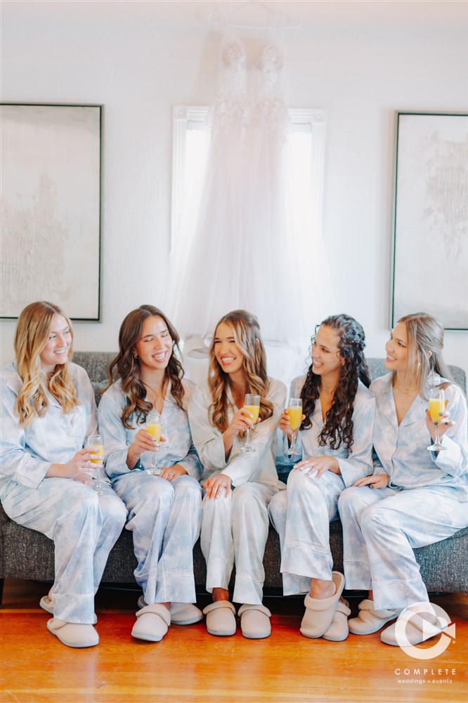 bridesmaids and mimosas wedding party photos