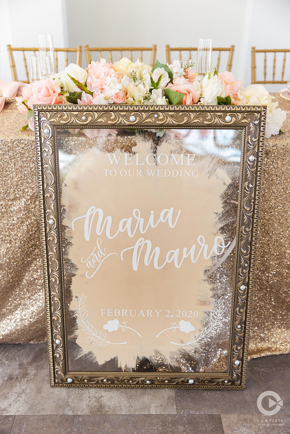 gold reception decor, custom mirror