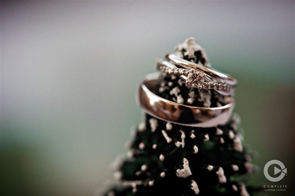 wedding rings on top of miniature christmas tree