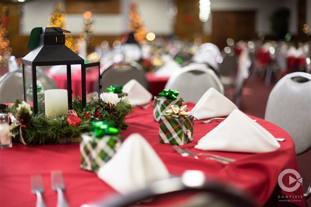 christmas wedding with gifts wrapped on each table