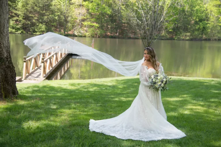 bride with veil blowing in the wind